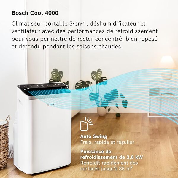 Bosch Cool 4000 Portable AC - 3 en 1 : Climatiseur, Déshumidificateur, Ventilateur - 2,6 kW pour les pièces jusqu'à 35m² - Avec Mode Auto, Mode Silencieux et Mode Veille (48 db (A)) [Classe A+] [Classe énergétique A+]