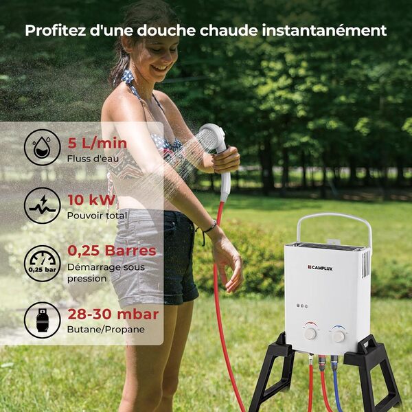 CAMPLUX AY132Max Chauffe-eau à Gaz de 5 Litres, avec Pompe à Eau et Support Portatif, Instantané Chauffe Bain à Gaz, Propane (37 mbar) ou Butane (28-30 mbar) [Classe énergétique A+]