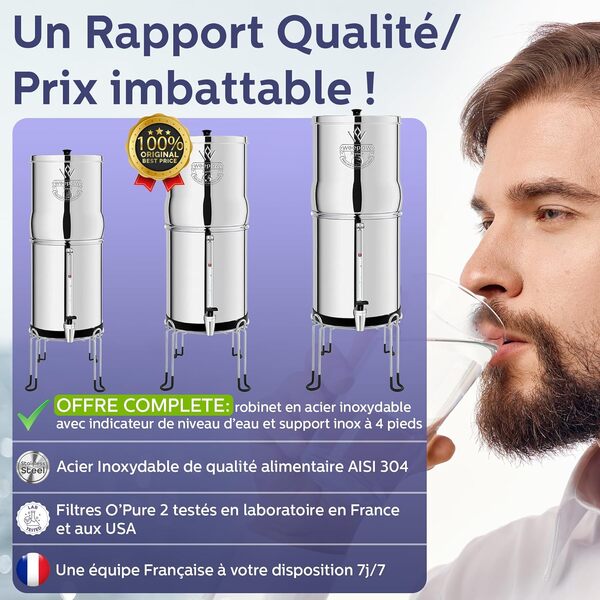 Weeplow® Earth - Système de Filtration d'Eau par Gravité 8,5 Litres AISI 304 avec 2 Eléments de Purification O'Pure 2, Robinet avec Niveau d'Eau et Support Inox Offert