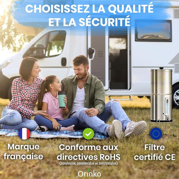 ORINKO Filtre à Eau par Gravité 8,5 L, Purificateur d'Eau avec Charbon Actif, Fontaine Filtrante pour Eau du Robinet, Eau de Pluie et Plus, Filtration Avancée