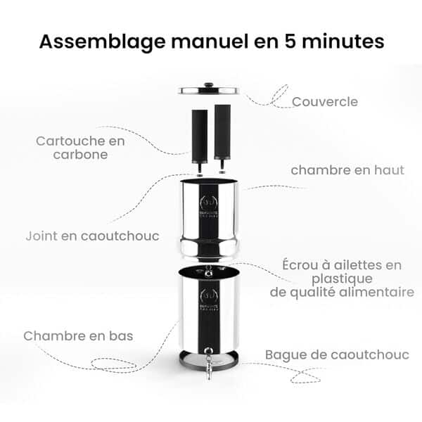 Phoenix Gravity - Système de filtration d'eau par gravité en acier inoxydable AISI 304 de 6 litres avec 2 éléments de purification de carbone intelligents, robinet en acier inoxydable offert