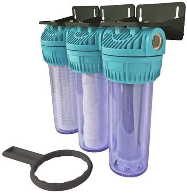 AQUAWATER, 104647, Station de traitement d'eau de pluie avec filtration à 50 et 20 microns, charbon actif, installation facile, compatible Femelle 20/27, durée de vie des cartouches 1 an