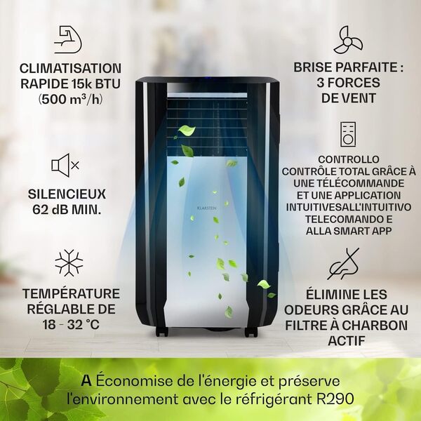 Klarstein Climatiseur Mobile Silencieux Intelligent, Mini Climatiseur 5 en 1, Refroidissement, Purificateur Antibactérien, Elimination des Odeurs, Mode Nuit, Déshumidificateur, AC, 15000 BTU, Blanc [Classe énergétique A]