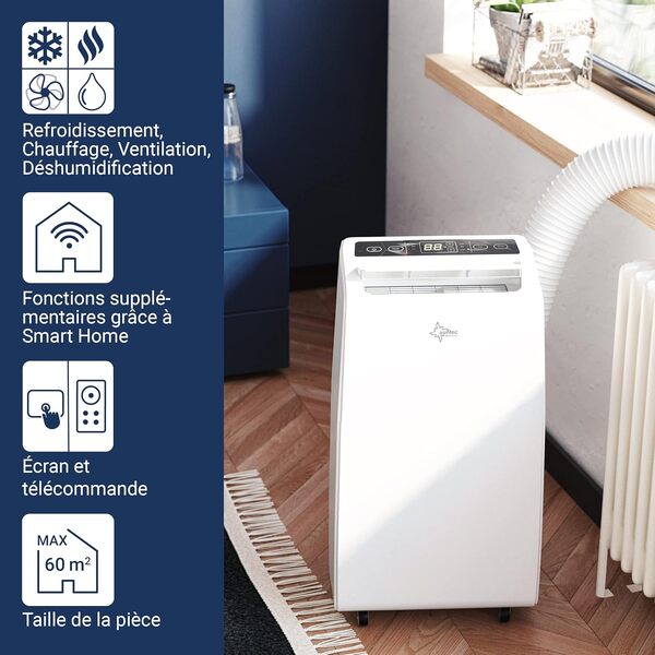 Suntec Climatiseur Mobile Silencieux Advance 12.0-12000 BTU Climatiseur Portable 4 en 1, Déshumidificateur, Ventilateur, Minuterie Programmable, 3,5KW, max~60 M2, Télécommande | Tuyau d'évacuation [Classe énergétique A]