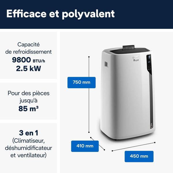 De'Longhi PAC EL92 SILENT Climatiseur Mobile, Silencieux, Jusqu'à 80m3, Fonction Déshumidificateur, 9800 BTU/h, 63dB, A+, Minuterie, Blanc [Classe énergétique A+]