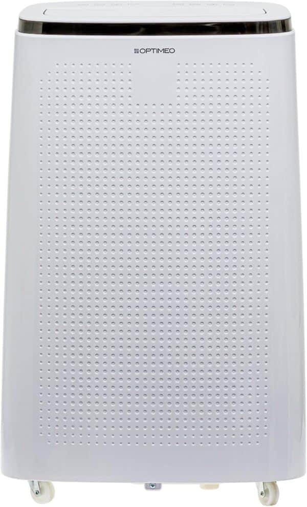 OPTIMEO Climatiseur mobile 4,7kW 16000BTU, Réversible, Blanc, Compact, Efficace pour les pièces jusqu'à 45m2, 3 vitesses de ventilation, écran LED, télécommande, 4 roulettes OPC-A01-160HP