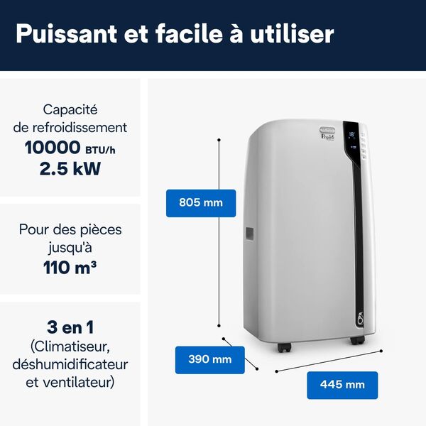 De'Longhi Pinguino PAC EX100, Climatiseur Mobile Silencieux, Fonction Déshumidificateur, Interface Numérique, 10 000 BTU/h, 2,5 kW, 64 dB, A++, Blanc [Classe énergétique A++]