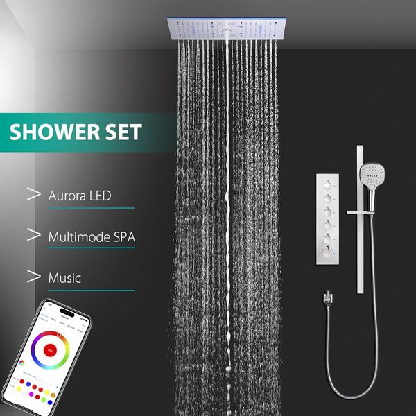 Système de Douche Thermostatique Musical, LED 64 Couleurs Bluetooth Colonne Douche Encastré Ensemble de Douche avec 600 * 300mm 9 Fonctions Tête de Douche, Douchette, Robinet de Baignoire (Chrome)