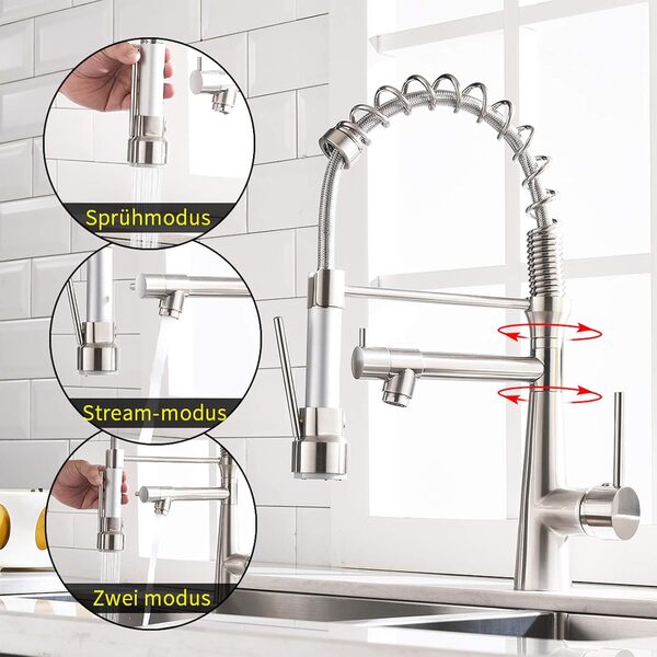 Robinet de cuisine Pivotant à 360° Doré brossé Avec douchette extractible Mitigeur de commande ordinaire du commerce