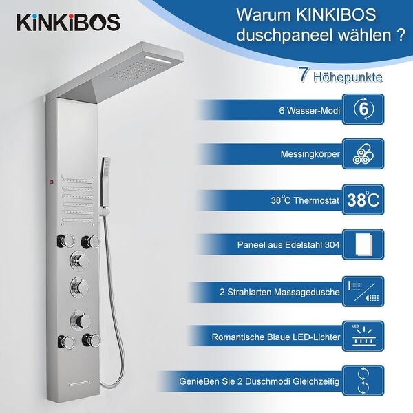 KINKIBOS Colonne de Douche Thermostatique, Panneau de Douche à 6 Fonctions avec LED, Colonne de Douche Hydromassante avec Mitigeur et Buses Massants, Acier Inox 304 Brossé