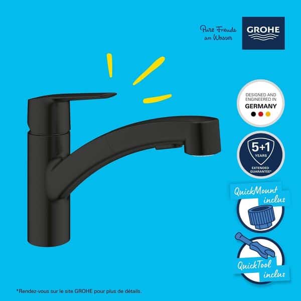 GROHE Start Mitigeur Monocommande Evier, Robinet de Cuisine (Douchette Extractible, Bec Bas, Rotation 90°, Installation Facile avec GROHE QuickMount), Taille 185 mm, Noir Mat, 305312431