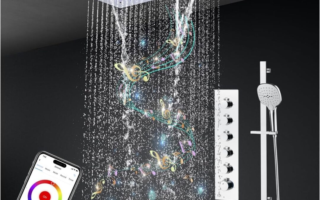 Test : colonne de douche LED musicale Bluetooth 64 couleurs - modèle Chrome