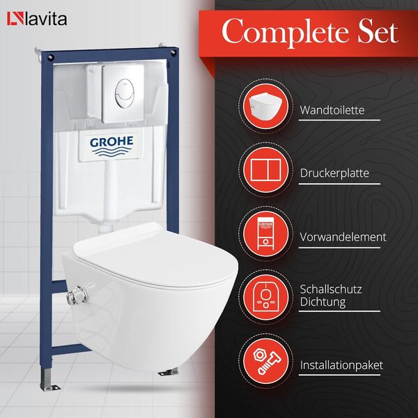 LAVITA Solido Start + WC suspendu mural Salto blanc sans bord + siège de WC avec système d'abaissement automatique Bouton chromé Kit complet encastré WC complet