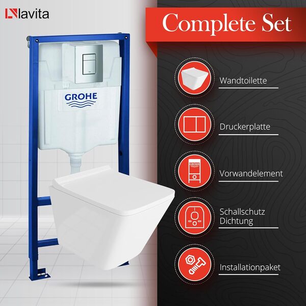 lavita GROHE Solido Lago Ensemble WC suspendu mural sans rebord avec système d'abaissement automatique, bouton chromé, réservoir de chasse d'eau encastré