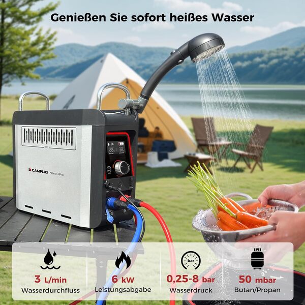 CAMPLUX Portatif Chauffe-Eau à Gaz 3 L/min avec Pompe à Eau Nano 3 Pro-DE, GPL, 50mbar, pour Douche Extérieure/Camping/Caravaning, Nano Série [Classe énergétique A]