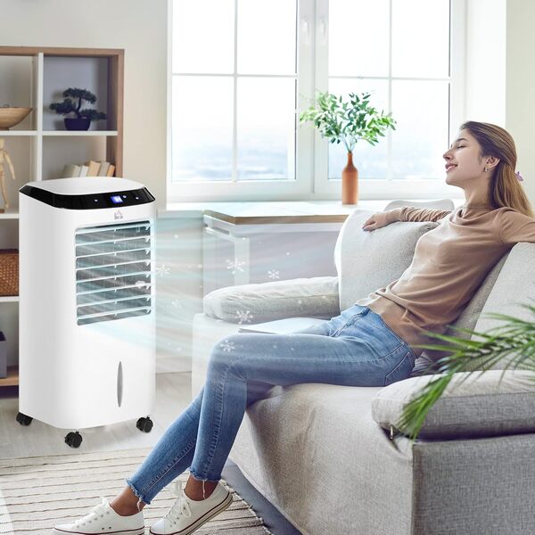 HOMCOM Climatiseur rafraîchisseur d'air mobile ventilateur ioniseur 4 en 1 avec télécommande - portable silencieux oscillant 60W - capacité max. réservoir 10L - idéal pièces 20 m² max. - blanc noir