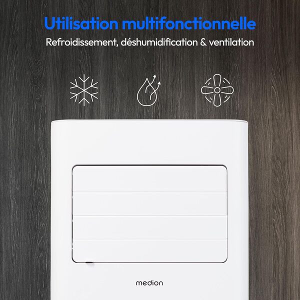 MEDION Climatiseur Mobile E901 (9000 BTU, 3-en-1, Refroidir, Déshumidification, Ventilation, jusqu'à 32m², kit de joint de fenêtre, mode sommeil, contrôle Télécommande, Écran, MD 37731) [Classe énergétique A]