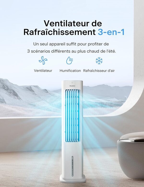 PELONIS 5L Rafraichisseur d’Air à évaporation 3 en 1, Ventilateur Colonne avec Humidificateur, Oscillation 60°, Minuterie 7H, 3 Vitesses, 3 Modes, 2 Blocs Réfrigérants, Climatiseur Mobile Silencieux