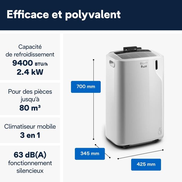 De'Longhi Pinguino PAC EM82 Climatiseur mobile pour pièces jusqu'à 80 m³ 9400 BTU 2,4 kW, 63 dB, fonction déshumidification, classe énergétique A, minuterie 24 h Blanc [Classe énergétique A]