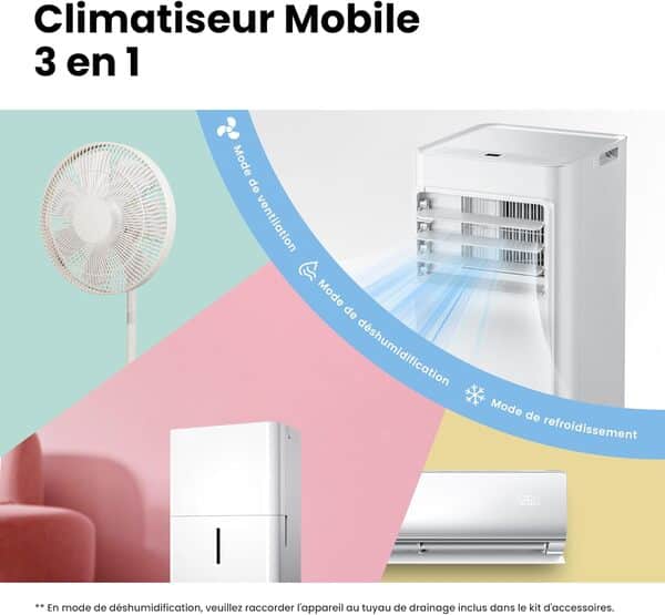 COMFEE' Climatiseur Mobile 9000 BTU/h 2,6kW, Contrôle APP, 3 Modes, 3 Vitesses de ventilation, Dimensions compactes, Pour pièces de 33㎡, Breezy Cool 2.6, Fonctionne avec Alexa [Classe énergétique A]