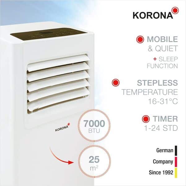 Korona 82000 Climatiseur Mobile Iceberg 7.0 ECO | 7000 BTU/h | Monobloc 3en1 - Refroidisseur, déshumidificateur, Ventilateur | avec Tuyau d'évacuation d'air pour la fenêtre | Pièces jusqu'à 25 m² [Classe énergétique A]