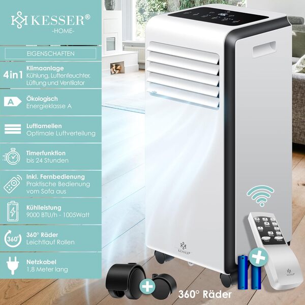KESSER® Climatiseur Mobile 4en1-9000BTU | Déshumidificateur D'air | Climatisation Mobile avec Matériel de Montage, Télécommande & Minuterie | Mode Nuit & Roulettes 360 - Blanc