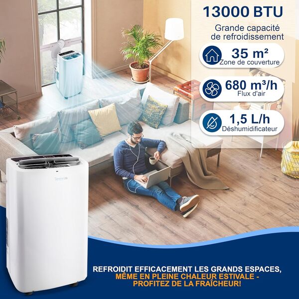 SereneLife Climatiseur mobile, Climatiseur Portable 3-en-1 avec Fonction Déshumidificateur Intégrée, Mode Ventilateur, Télécommande,Kit d'Évacuation Complet pour Fenêtre,13K BTU,Blanc [Classe énergétique A]