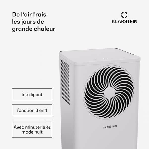 KLARSTEIN Climatiseur Mobile avec Evacuation, 3 en 1 Climatiseur Portable, Déshumidificateur, Ventilateur, 7000 BTU, R290, Compatible Alexa/Google, Silencieux, pour Pièces Jusqu'à 25m², Blanc [Classe énergétique A]