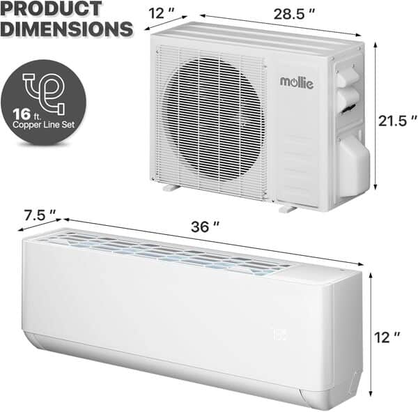 mollie Wifi activé 12 000 BTU mural AC avec pompe à chaleur, kits d'installation, télécommande, 22 SEER2 - Refroidit efficacement jusqu'à 550 m²