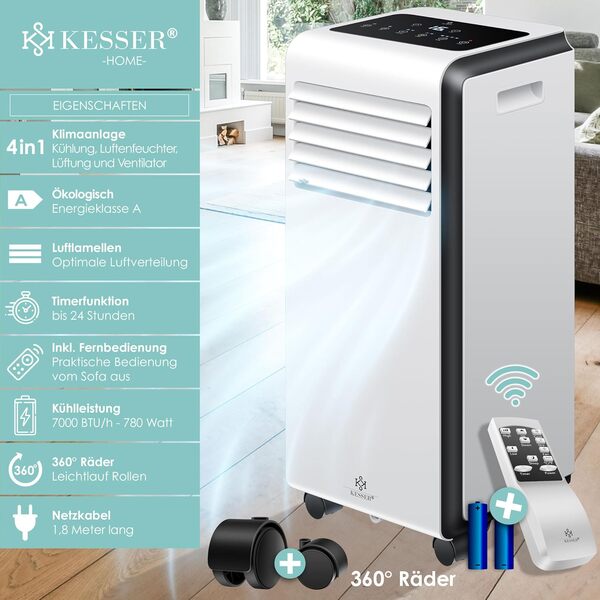 KESSER® Climatiseur Mobile 4en1-7000BTU | Déshumidificateur d'air | Climatisation Mobile avec Matériel de Montage, Télécommande & Minuterie | Mode Nuit & roulettes 360 - Blanc [Classe énergétique A]