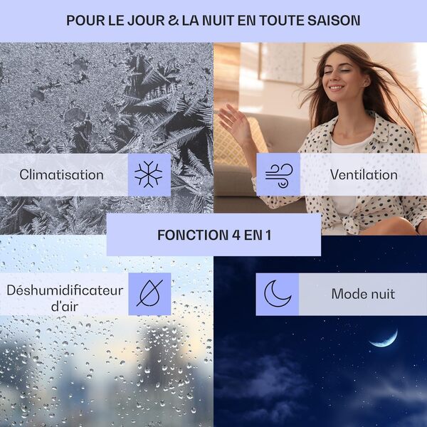 Klarstein Mini Climatiseur Mobile Silencieux 3 en 1, Mode Nuit, Déshumidificateur, Ventilateur, à Faible Conso, Evacuation, Clim Portable, Puissant 10.000 BTU