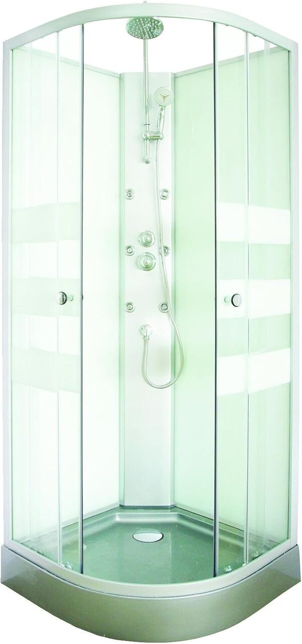 ONDÉE, Cabine de douche hydromassage AMELIA, 1/4 de cercle, Profils en aluminium gris, Base grise, Kit de montage inclus, Vidange de 90mm, Sans tuyau de raccordement, 90x90x224 cm