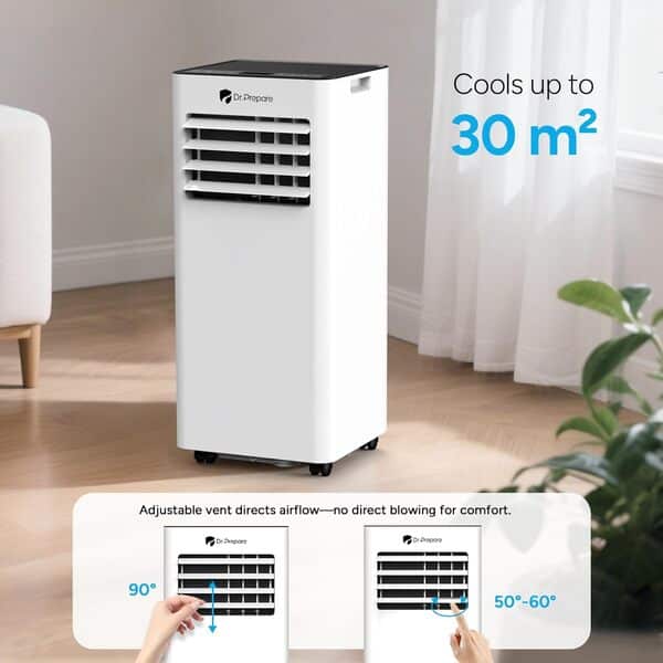 DR.PREPARE Climatiseur Mobile Silencieux 9000 BTU 2,1Kw, Climatiseur Portable 4 en 1, Refroidissement, Déshumidificateur, Ventilateur et Modes Sommeil, Télécommande, Refroidit 30 m², Minuteries 1-24H [Classe énergétique A]