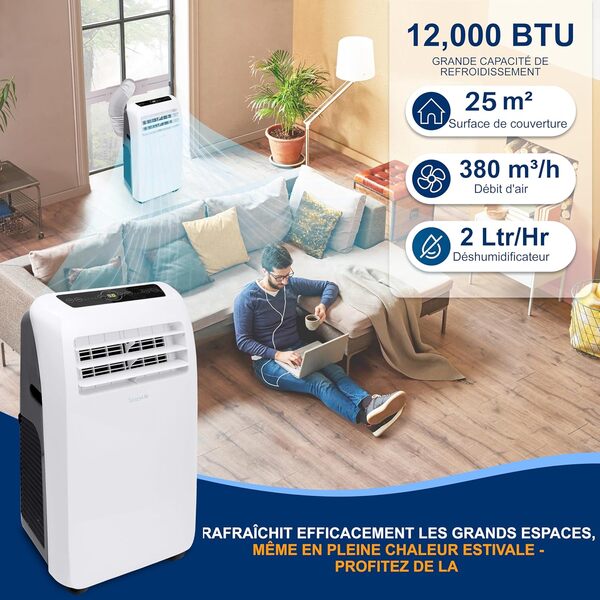 SereneLife Climatiseur Mobile Silencieux,Climatiseur Portable 4-en-1 avec Fonction Déshumidificateur Intégrée,Mode Ventilateur,Télécommande,Kit d'Évacuation Complet pour Fenêtre, Blanc [Classe énergétique A]