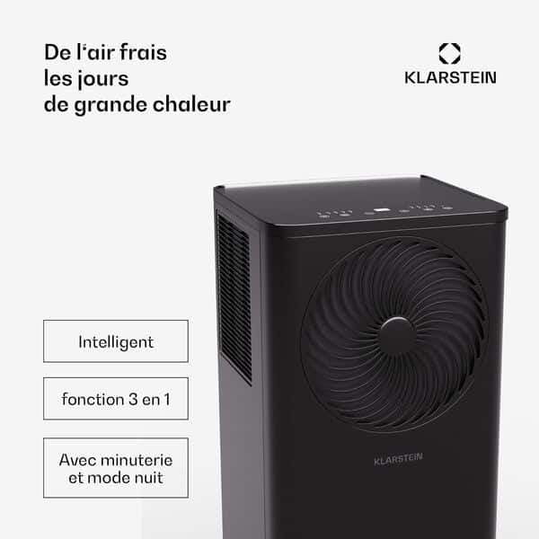 KLARSTEIN Climatiseur Mobile avec Evacuation, 3 en 1 Climatiseur Portable, Déshumidificateur, Ventilateur, 7000 BTU, R290, Compatible Alexa/Google, Silencieux, pour Pièces Jusqu'à 25m², Noir [Classe énergétique A]