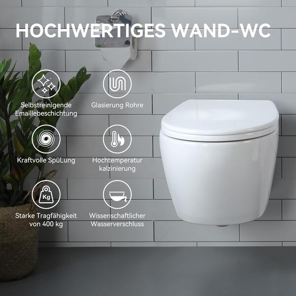 Cuvette WC Suspendu Blanc Toilette, Lunette WC avec Fermeture en Douceur Forme O, Cuvette Toilette Compact Design