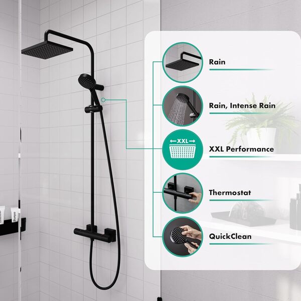 hansgrohe Vernis Shape - Colonne de douche avec mitigeur thermostatique, douche pluie avec robinet, douchette, support, flexible de douche, barre et douche de tête carrée 1 jet, Noir mat, 26286670