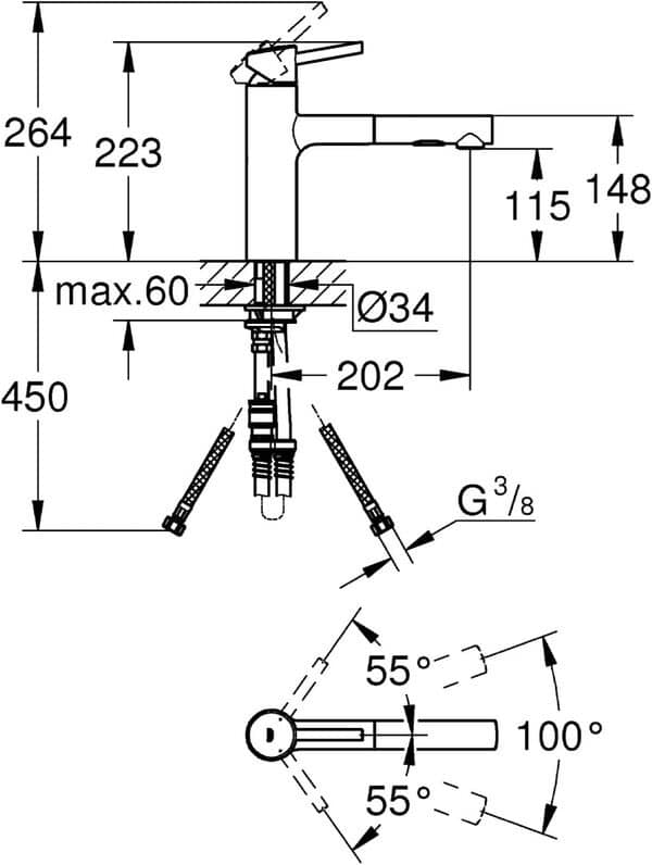 GROHE Concetto Mitigeur Cuisine avec Douchette Extractible, Bec Medium, Inverseur 2 jets (Laminaire/Pluie), Chromé, 30273001 (Import Allemagne) [Classe énergétique B]