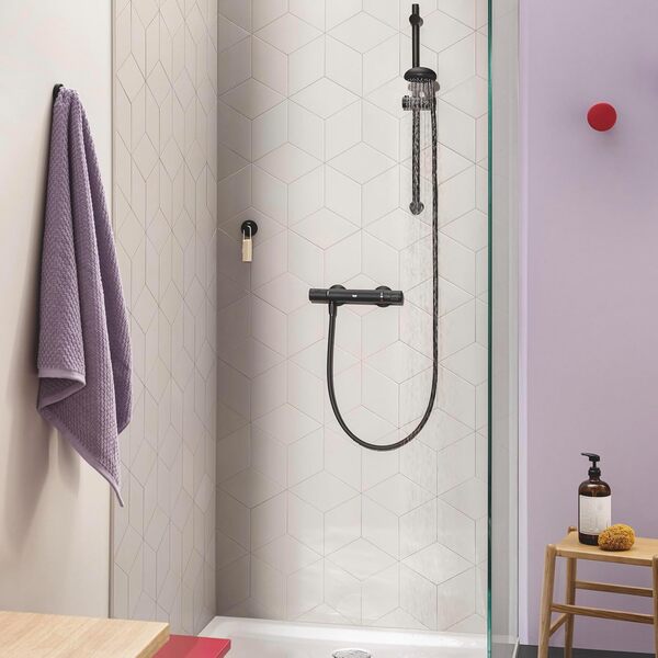 GROHE Precision Start Mitigeur Thermostatique Douche + GROHE Vitalio Start 100 Douchette 2 jets avec barre, Economie d'Eau, Noir Mat