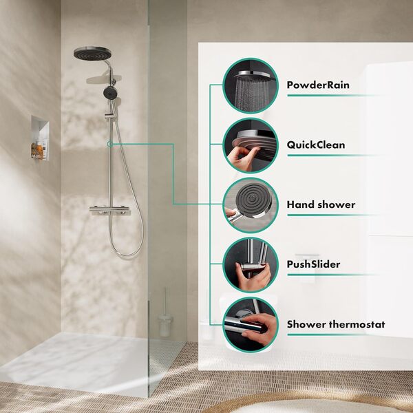 hansgrohe Pulsify S Puro - Colonne de douche avec mitigeur thermostatique, douche pluie (260mm) avec robinet, douchette (3 jets), support, flexible, barre et douche de tête ronde, Chromé, 24236000