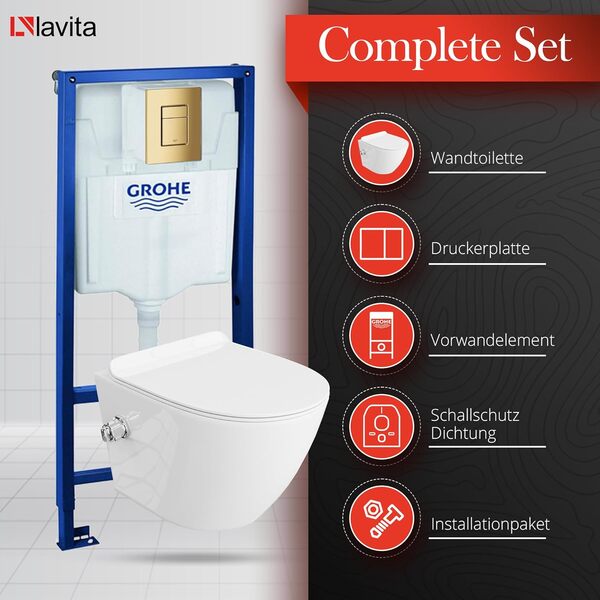 Élément mural Solido + WC suspendu Salto blanc sans bord + abattant WC SoftClose | Bouton doré | Kit complet | Réservoir de chasse encastré | Kit complet | WC complet |