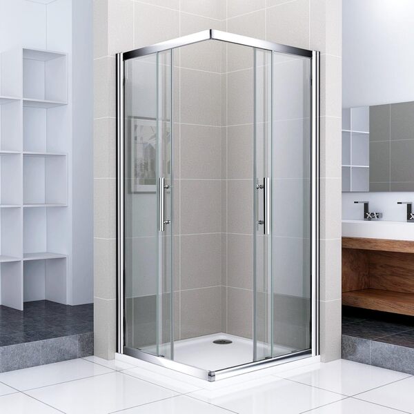 Porte de douche coulissante 90x90x185cm cabine de douche angulaire 2 volets et 2 verres fixés
