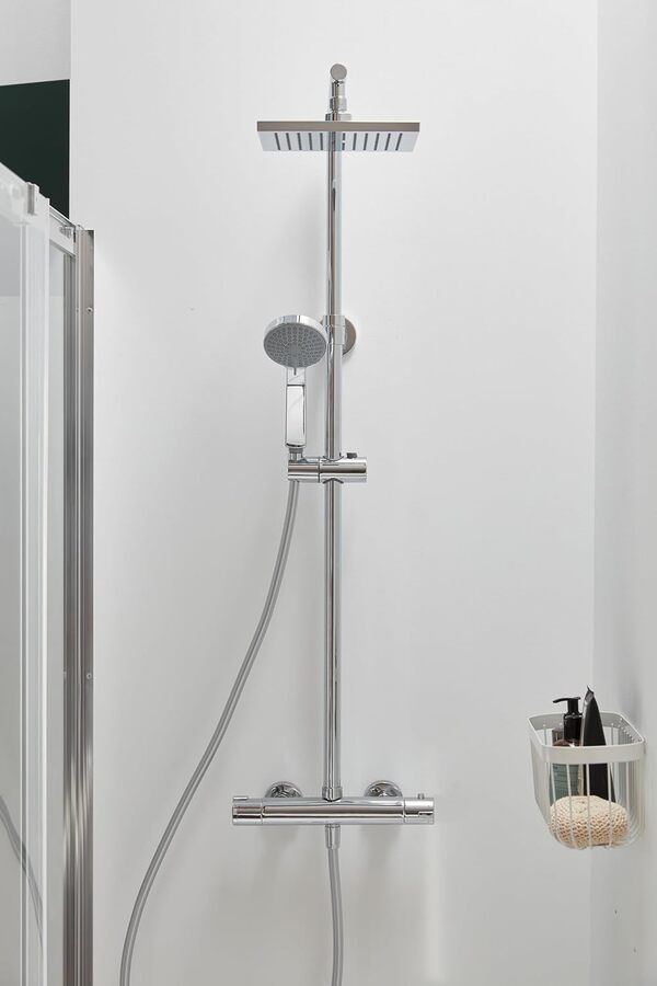 Jacob Delafon - Colonne de Douche Thermostatique COLETTE - Pomme de Tête Carrée 20cm - Douchette 4 Jets - Régulateur de Débit - Butée de Sécurité - 21,5 x 111,8 x 42,6 cm - Finition Chrome - E29868-CP