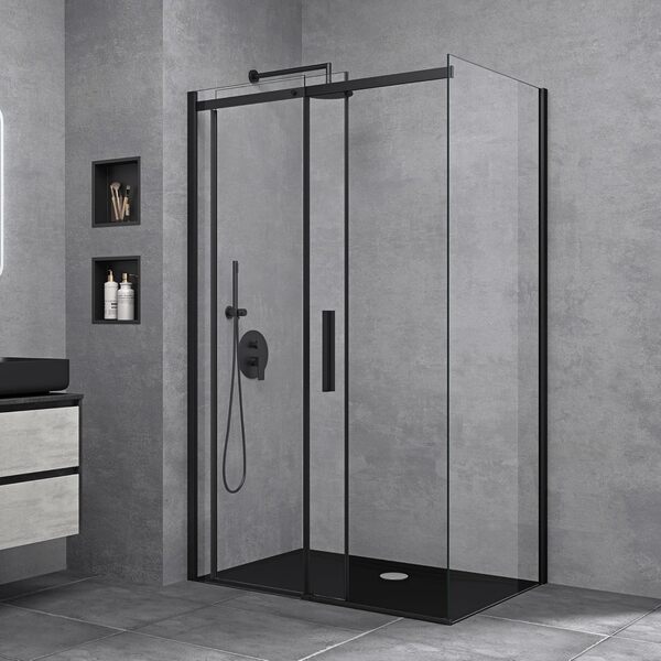 doporro Cabine de Douche Transparent 90x140cm avec Bac à Douche Porte Coulissante Paroi de Douche Rectangulaire en Angle Hauteur 195cm Montage Réversible Ravenna18K Schwarz
