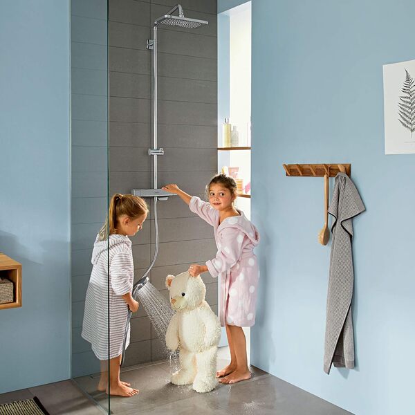 hansgrohe Croma E - Colonne de douche avec mitigeur thermostatique, douche pluie (280 x 170 mm) avec robinet, douchette, support, flexible de douche, barre et douche de tête carrée, Chromé, 27630000 [Classe énergétique A]