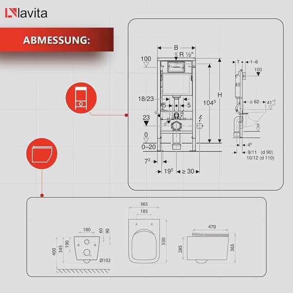 Lavita Duofix Kit complet de chasse d'eau encastré avec réservoir de chasse d'eau lavita Dalia blanc sans bord + abattant de WC avec système d'abaissement automatique + panneau de commande Delta 25