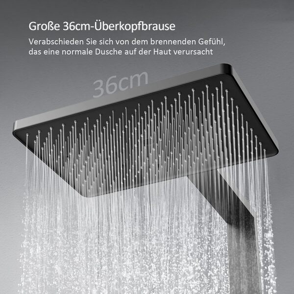 EMKE Colonne de Douche Ensemble de douche avec Theramostat 38°C douche de pluie avec mitigeur, bec cascade, douchette à main 3 mode, avec tablette extra large, KTW approuvé, Noir Mat
