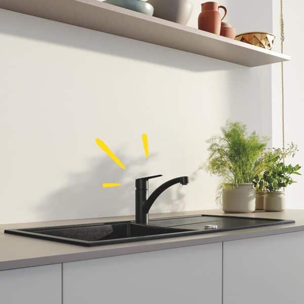 GROHE Start Mitigeur Monocommande Evier, Robinet de Cuisine (Bec Bas, Rotation 140°, Installation Facile avec GROHE QuickMount), Taille 184 mm, Noir Mat, 305302432