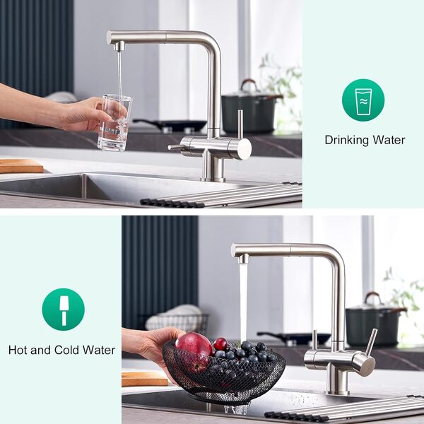 CREA Robinet Cuisine 3 Voies avec Douchette Extractible, Mitigeur 3 Voies Cuisine Pivotant à 360°, Robinetterie Cuisine Eau Potable, Robinet Évier de Cuisine avec Sortie Eau Filtrée,Brossé
