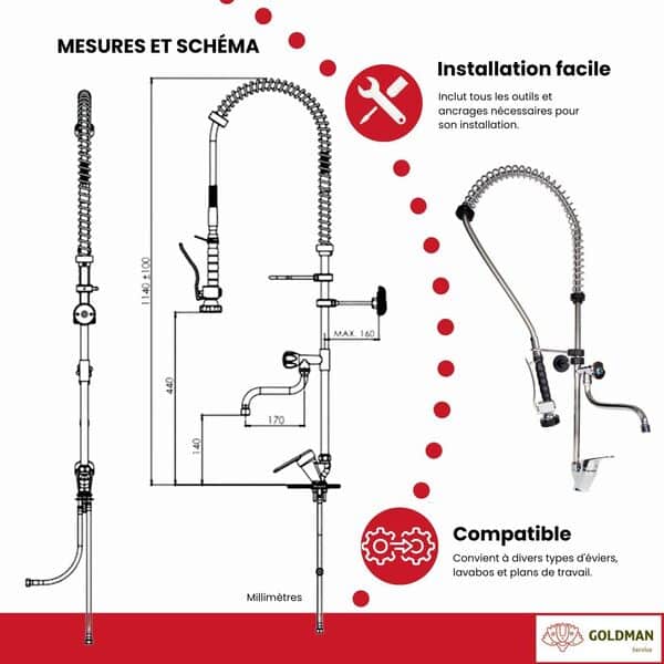 GOLDMAN SERVICE | Robinet de douche industriel et extensible, pour évier de cuisine, hôtellerie et restauration, avec pommeau flexible et pulvérisateur noir, et mitigeur mono-commande